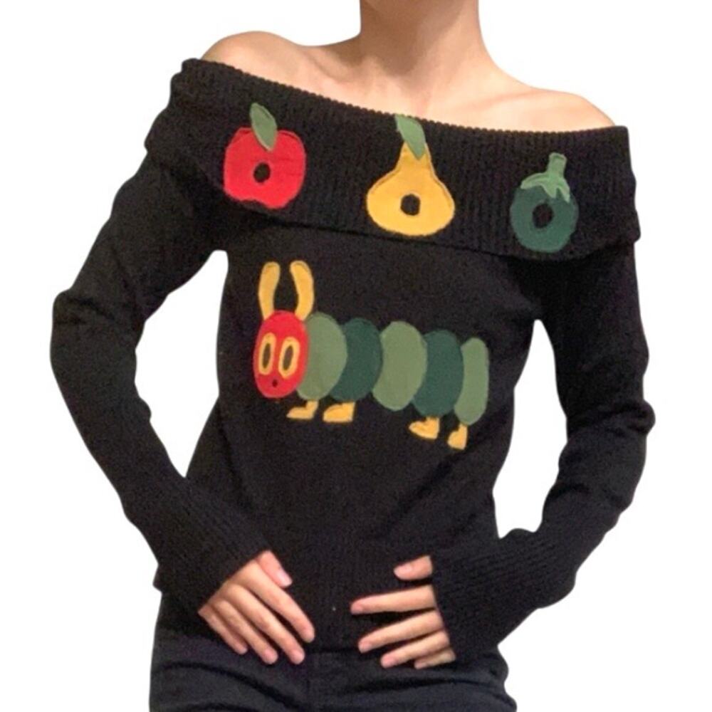 The Very Hungry Caterpillar Upcycled Black Knit Off Shoulder Top – Medium